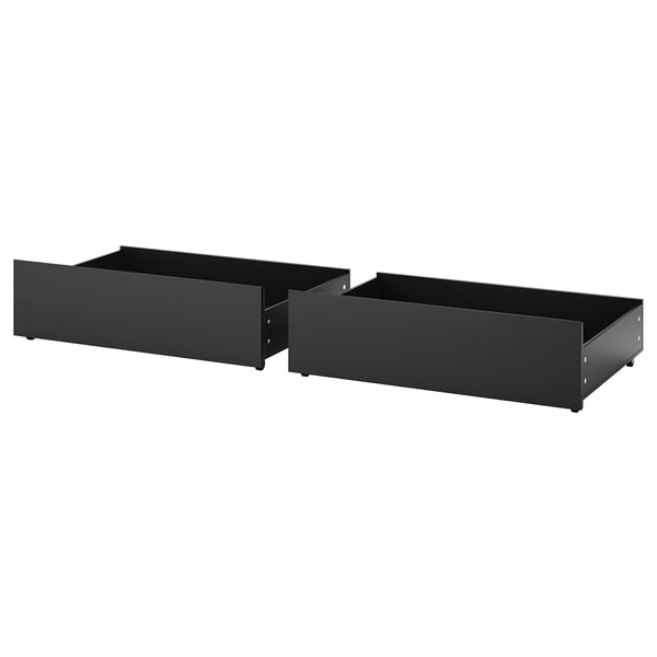 Two black MALM storage boxes with rectangular shape and smooth finish, ideal for under-bed storage.