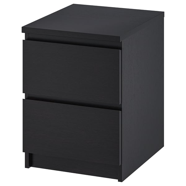 MALM black chest, square, sleek design, two drawers.
