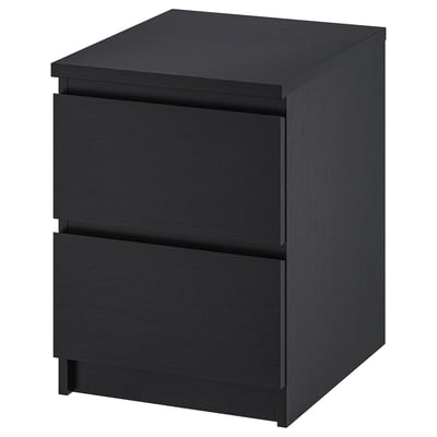 MALM black chest, square, sleek design, two drawers.