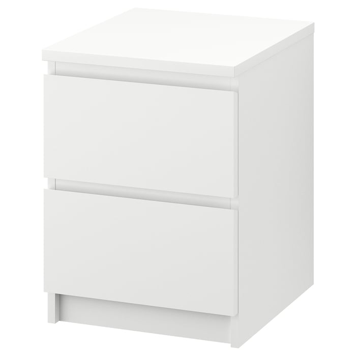 MALM white 2-drawer bedside table, sleek modern design, smooth acrylic finish.