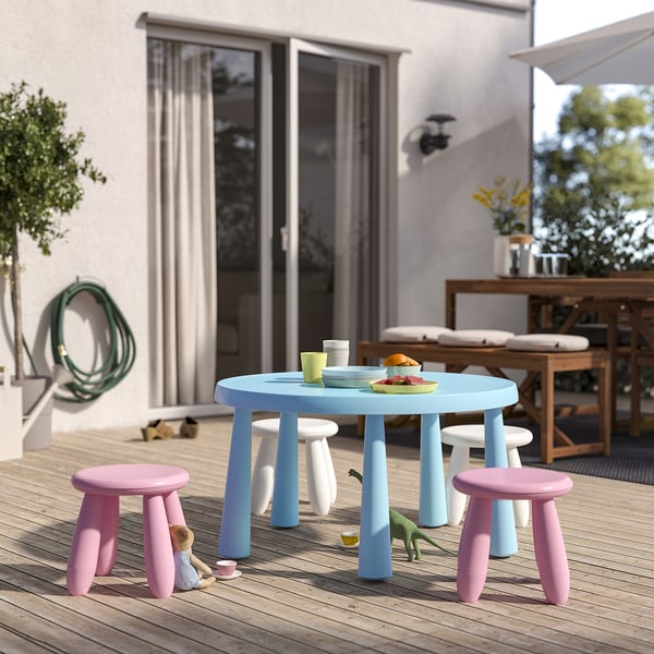Kids outdoor furniture set with pastel chairs and table, easy to clean, durable for play or picnics.