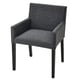 Modern gray fabric chair with black wooden legs and armrests.