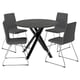 A black round dining table with a metallic base and four matching chairs. The chairs have grey upholstered seats and backs with metal legs.