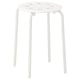 A white, round, metal MARIUS stool with four legs and air holes in the seat.