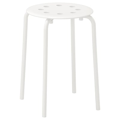 A white, round, metal MARIUS stool with four legs and air holes in the seat.