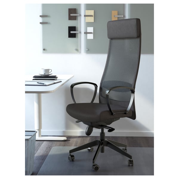Ergonomic office chair with mesh backrest, adjustable tilt tension, armrests, and headrest for comfort and support.