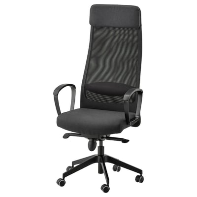 MARKUS office chair: black mesh back, fabric seat, armrests, adjustable tilt, five wheels.