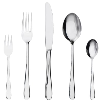 Six-piece silver cutlery set: dinner fork, salad fork, knife, spoon, teaspoon on white.