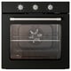 Black built-in oven with silver knobs and handle, digital display, glass door, wire racks inside.