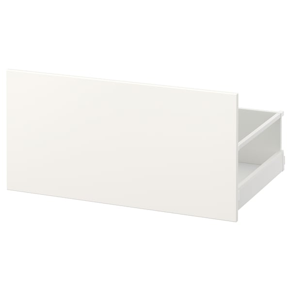 A white MAXIMERA drawer with a sleek, rectangular design. It is made of steel and particleboard with a smooth finish.