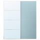 Two ikea pax wardrobe doors, one white and one light blue, in a rectangular shape with a modern design.
