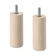 Two light-colored, cylindrical wooden legs with adjustable threaded metal mounts for furniture.