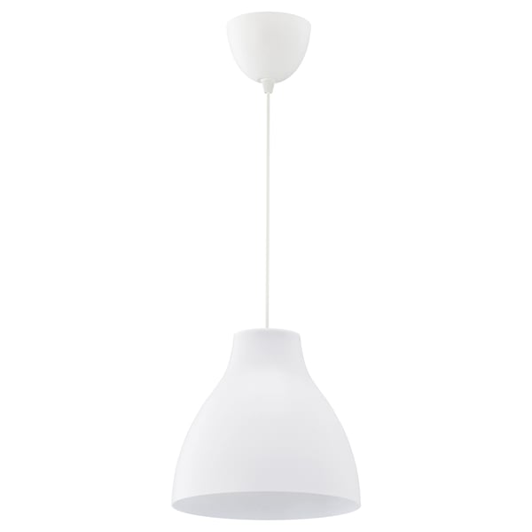 A hanging lamp named MELODI. It is white, featuring a simple dome-shaped design made from polypropylene and polystyrene plastic.