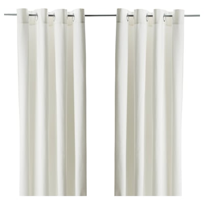 White MERETE curtains, cotton, rod-pocket, room-darkening, sleek design.