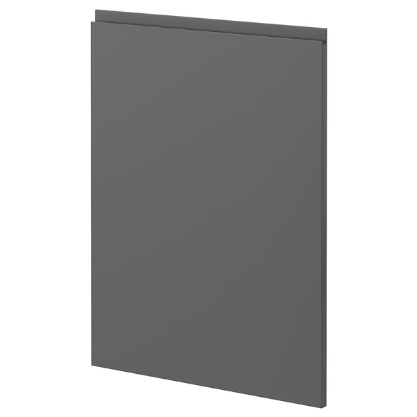 Dark grey modern kitchen cabinet door with sleek, handle-less design. Rectangular shape, flat surface panel.