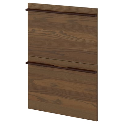 Dark brown wooden drawer fronts with simple handles.