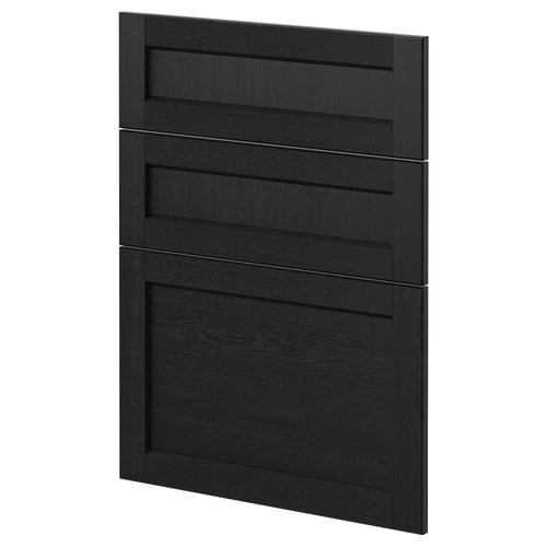 Black stained wooden cabinet door with three horizontal simple lines, three-panel design.