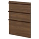 Dark brown wood veneer cabinet panel with horizontal grooves and handles.
