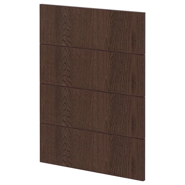 Dark brown wooden panel, part of ikeas METOD kitchen system. Horizontal grooves and solid wood edging.