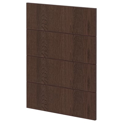 Dark brown wooden panel, part of ikeas METOD kitchen system. Horizontal grooves and solid wood edging.