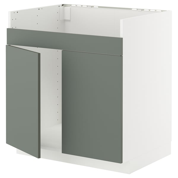 This image shows a METOD kitchen unit with grey-green doors and a white frame. The modern design includes two cabinet doors and a shelf.