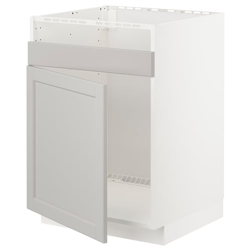 White METOD kitchen cabinet with light grey lerhyttan fronts, rectangular.