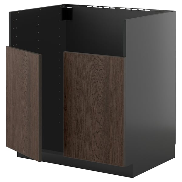 Image shows a dark grey METOD base cabinet with dark brown wooden doors and metal sides.