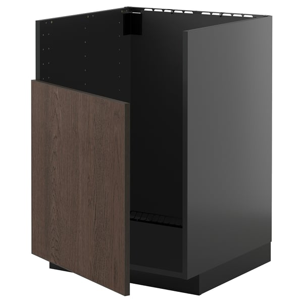 METOD kitchen unit in dark grey & brown wood, open design, modern.