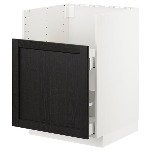Modern kitchen cabinet, white frame, dark wood doors, three drawers.