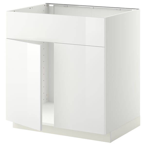 A white METOD kitchen cabinet. Its rectangular with a high gloss finish, designed for a modern kitchen setup.