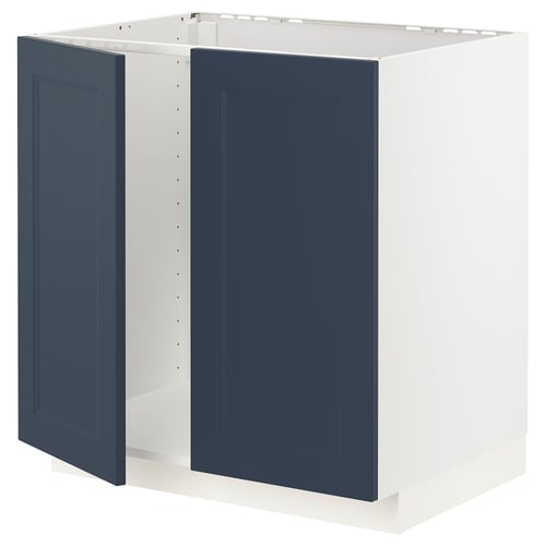 A blue and white modern kitchen cabinet with blue doors and a white body.