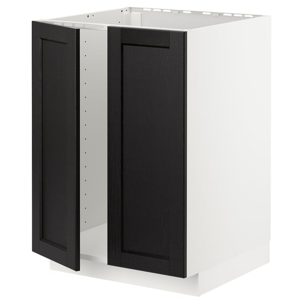 METOD kitchen unit, black-stained ash doors, white cabinet, square shape, bevelled edges.