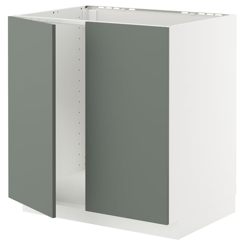 An ikea METOD kitchen cabinet with a white frame and green-gray doors. Its designed for either an oven or sink and has sleek, modern lines.