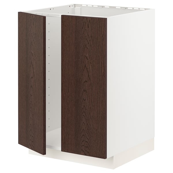This is an a METOD kitchen unit with dark brown sinarp wooden doors. The cabinet is rectangular with a frame and two openable doors.