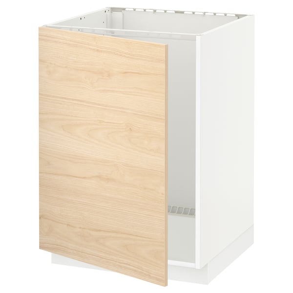 Light wood cabinet with white frame in modern kitchen design.