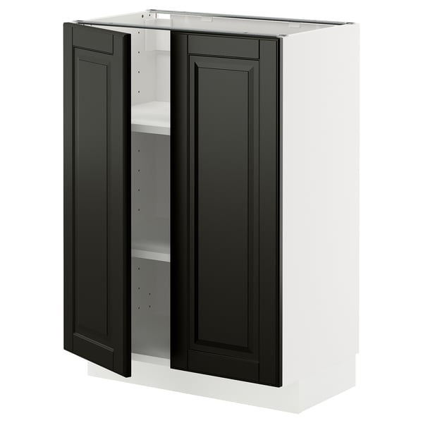 METOD kitchen cabinet with black bodbyn doors open, white base.