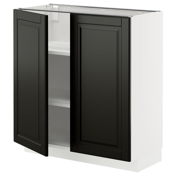 Black METOD kitchen cabinet with two open doors, white interior, adjustable shelves.