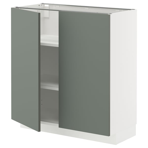 METOD kitchen cabinet with grey-green nickebo doors, white base, adjustable shelves.