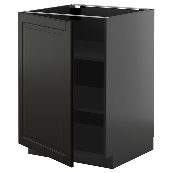 Black METOD kitchen cabinet with bevelled edges, rectangular shape. Includes two adjustable shelves, one open door.