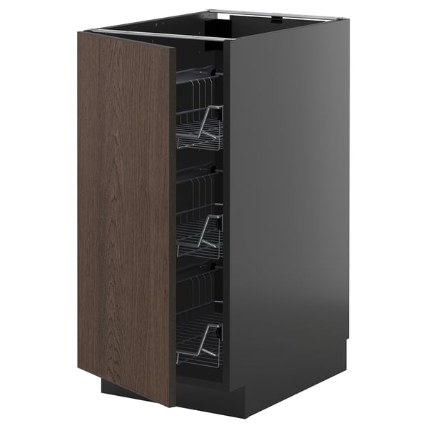 A dark gray METOD kitchen cabinet with dark brown wooden door and wire shelves.