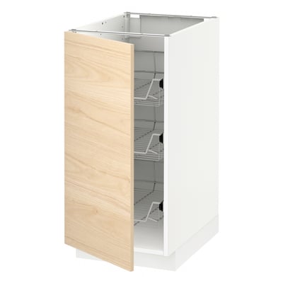 Ikea METOD kitchen cabinet in white with light ash door, featuring three wire shelves.