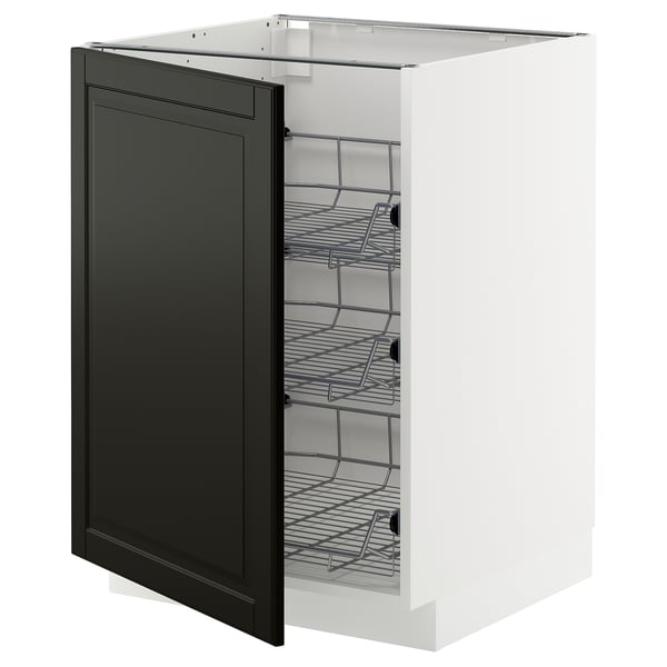 White METOD kitchen cabinet with black beveled door, chrome wire racks.