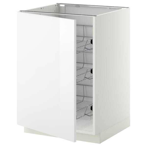 METOD high gloss white kitchen cabinet, open, wire shelves.