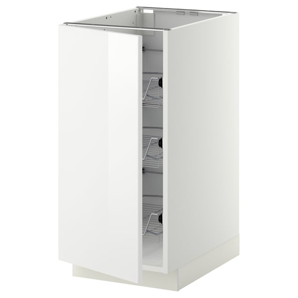 White kitchen cabinet with glass doors, metal shelves, stainless steel hinges.