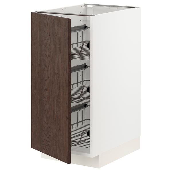 METOD kitchen cabinet with wire shelves, dark brown wood front.