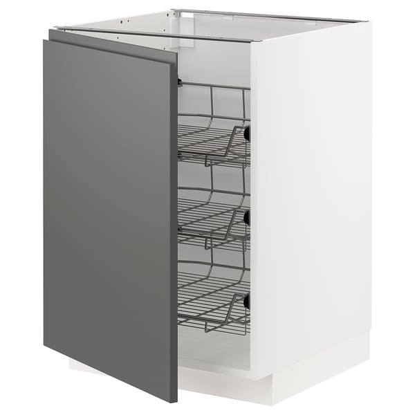 Modern grey kitchen cabinet with wire shelves, white frame, and pull-out stops.