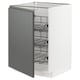 Modern grey kitchen cabinet with wire shelves, white frame, and pull-out stops.