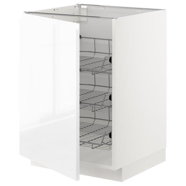 A white METOD kitchen cabinet with multiple wire shelves. Its modern and versatile for storing various items.