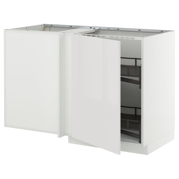 A white METOD kitchen corner cabinet with a modern design and pull-out shelf for easy access.