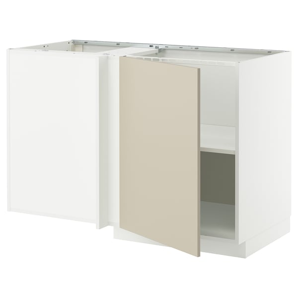White & beige kitchen cabinet, modern design, adjustable shelves.